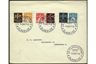 1 øre, 2 øre og 4 øre Bølgelinie med privat overtryk HFK Udstilling 1937 på brev stemplet Slagelse d. 4.9.1938 til København.