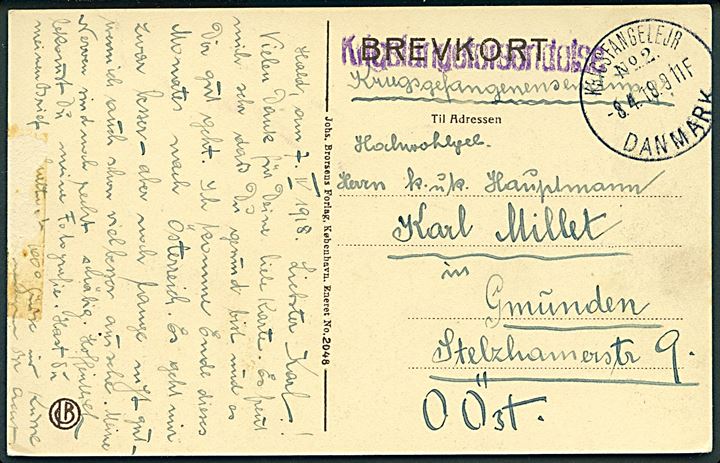 Ufrankeret brevkort med stempel Krigsfangeforsendelse og brotype IIIb stempel Krigsfangelejr No. 2 Danmark d. 8.4.1918 fra østrigsk krigsfange i lazaretlejren i Hald ved Viborg til Gmünden, Østrig.