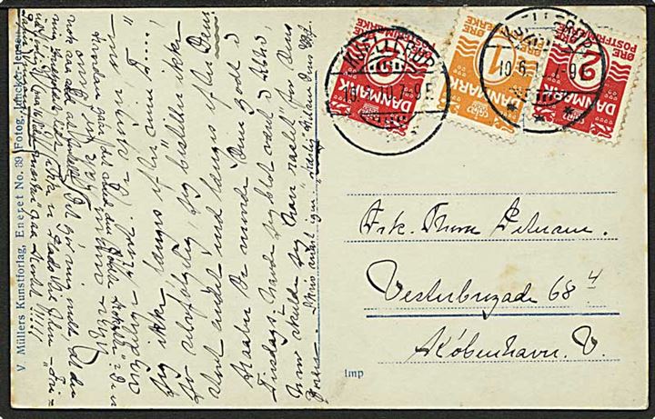 1 øre og 2 øre (2) Bølgelinie på brevkort fra Kjellerup d. 10.6.1910 til København.