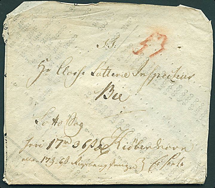 1810 (ca.). Bancobrev fra Lotteri Colleteur Lorentz Thorsteinson i Ringsted ca. 1808-1816 mærket Lottosag til Lotteri Inspecteur Bie i Kiøbenhavn. På bagsiden tre laksegl - bl.a. fra Ringsted Postkontor. 