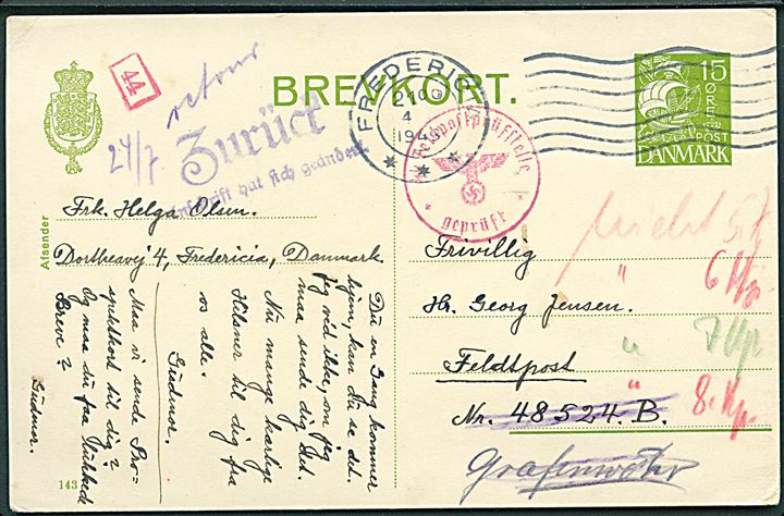 15 øre helsagsbrevkort (fabr. 143) fra Fredericia d. 14.6. 1943 til frivillig Georg Jensen, Feldpost 48524B (= SS-Ausbildungs-Lager Sennheim) eftersendt til Grafenwöhr og returneret d. 24.7.1943 som ubekendt. SS-feldpost censur. 