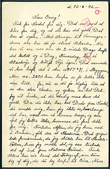 15 øre helsagsbrevkort (fabr. 143) fra Fredericia d. 14.6. 1943 til frivillig Georg Jensen, Feldpost 48524B (= SS-Ausbildungs-Lager Sennheim) eftersendt til Grafenwöhr og returneret d. 24.7.1943 som ubekendt. SS-feldpost censur. 