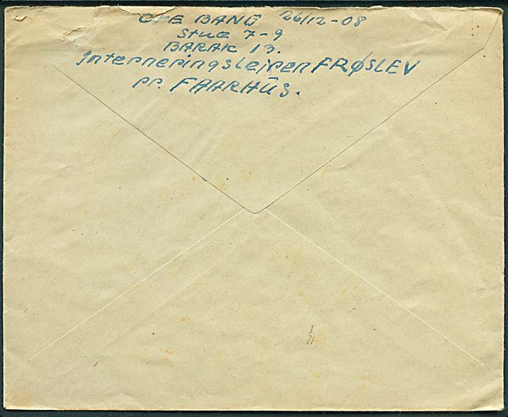 Ufrankeret brev med liniestempel Interneret-Forsendelse stemplet Sønderborg d. 17.3.1945 til Jerne pr. Esbjerg. Sendt fra indsat, Ove Bang, i Interneringslejren Frøslev pr. Faarhus. 