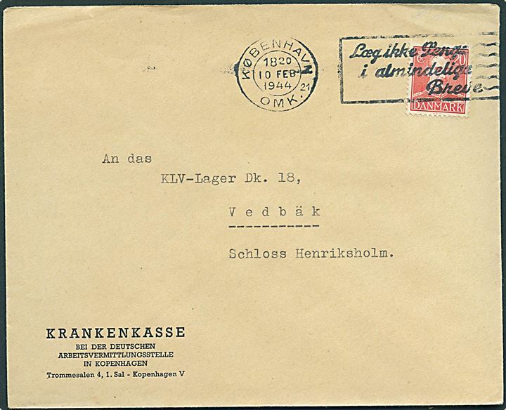 20 øre Chr. X på brev fra København d. 10.2.1944 til KLV-Lager DK 18, Schloss Henriksholm, Vedbæk. KLV (Kinderlandverschickung) lejre var tyske børne-evakueringslejre, hvor børn fra de bomberamte tyske byer kunne opholde sig i sikkerhed. 