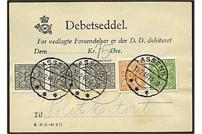 5 øre, 10 øre og 20 øre (3) Portomærker på Debetseddel B.57 (1-45 B7) stemplet Assens d. 19.2.1948.
