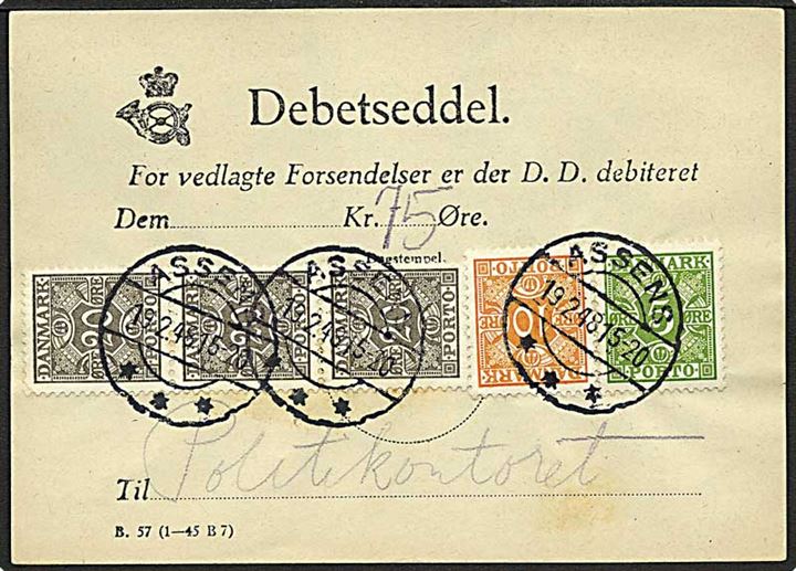 5 øre, 10 øre og 20 øre (3) Portomærker på Debetseddel B.57 (1-45 B7) stemplet Assens d. 19.2.1948.
