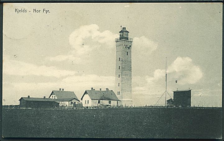5 øre Fr. VIII på brevkort fra Kjelds Nor Fyr dateret pinsedag (1910) med stjernestempel SØNDENBRO og sidestemplet lapidar Humble d. 17.5.1910 til Kolding.