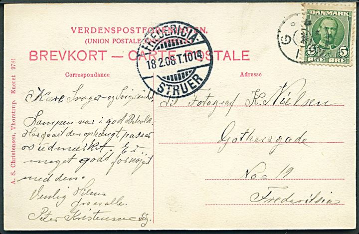 5 øre Fr. VIII på brevkort (Nørholm Vandmølle) med stjernestempel SIG og sidestemplet bureau Fredericia - Struer T.1014 d. 18.2.1908 til Fredericia. 8 dage senere end registreret i Skilling. 1200,-