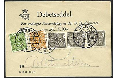 5 øre, 10 øre og 20 øre (3) Portomærker på Debetseddel B.57 (1-45 B7) stemplet Assens d. 25.5.1948.