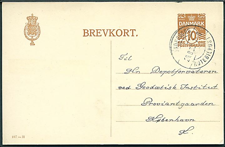 10 øre helsagsbrevkort (fabr. 107-H) dateret Sønderby og annulleret med brotype IIc Sønderborg / Rutebilpost d. 24.8.1933 til København. 