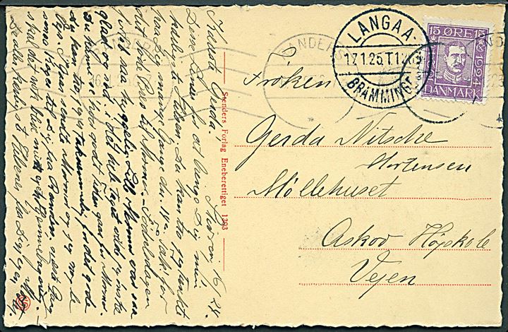 15 øre Chr. X Postjubilæum på brevkort annulleret med svagt ulæseligt stjernestempel og sidestemplet Randers d. 16.1.1925 via bureau Langaa - Bramminge sn3 T.1203 d. 17.2.1925 til Askov Højskole pr. Vejen.