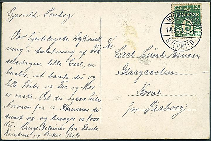 5 øre Bølgelinie på brevkort (Gjerrild Station) annulleret m. bureaustempel Ryomgaard - Gjerrild T.6 d. 14.9.1913 til Horne pr. Faaborg.