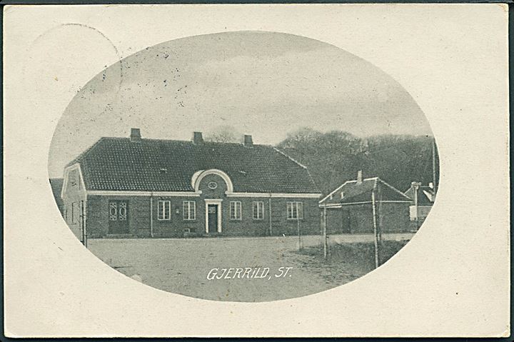 5 øre Bølgelinie på brevkort (Gjerrild Station) annulleret m. bureaustempel Ryomgaard - Gjerrild T.6 d. 14.9.1913 til Horne pr. Faaborg.