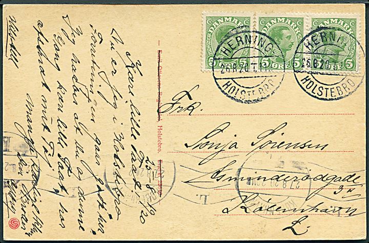5 øre Chr. X (3) på brevkort fra Holstebro annulleret med bureaustempel Herning - Holstebro T.1190 d. 26.8.1920 til København. Vanskeligt stempel.