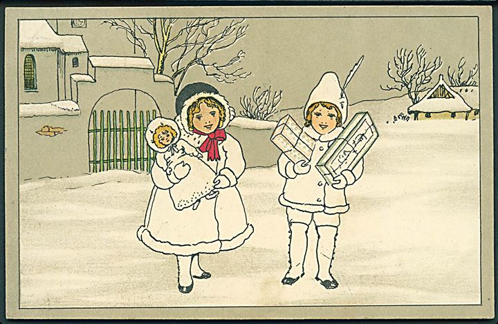 5 øre Chr. X på julekort annulleret med bureaustempel Gribskovbanen T.1 d. 24.12.1913 til Valby Overdrev pr. Helsinge. Vanskeligt stempel.