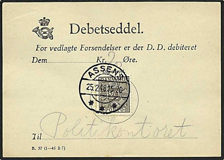 20 øre Portomærke på Debetseddel B.57 (1-45 B7) stemplet Assens d. 25.2.1948.