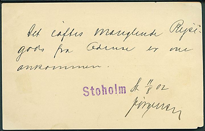 3 øre lokalt helsagsbrevkort dateret Stoholm station d. 11.8.1902 og annulleret med stumt gummistempel til Tastum. Stempel brugt som forløber for stjernestempel. Lille hjøren skramme.