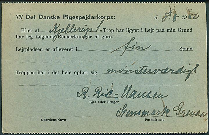 15 øre Fr. IX på brevkort fra Grenaa d. 9.8.1950 til Det danske Pigespejderkorps i København. Kontrolkort vedr. tilbagemelding vedr. brug af lejrplads.
