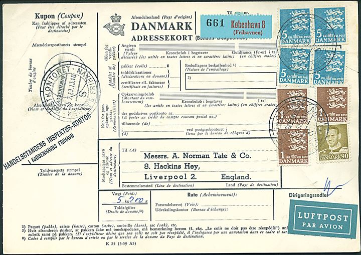 1 kr. (3), 5 kr. (4) Rigsvåben og 90 øre Fr. IX på 23,90 kr. frankeret internationalt adressekort for luftpostpakke fra København 8 (Frihavnen) d. 9.2.1963 til Liverpool, England.