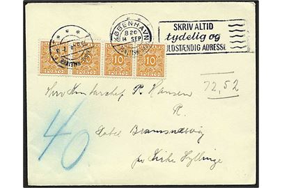 Ufrankeret brev fra København d. 14.9.1944 til Bramsnæsvig pr. Kirke Hyllinge. Påsat 10 øre Portomærke i 4-stribe stemplet Kirke-Hyllinge d. 15.9.1944.
