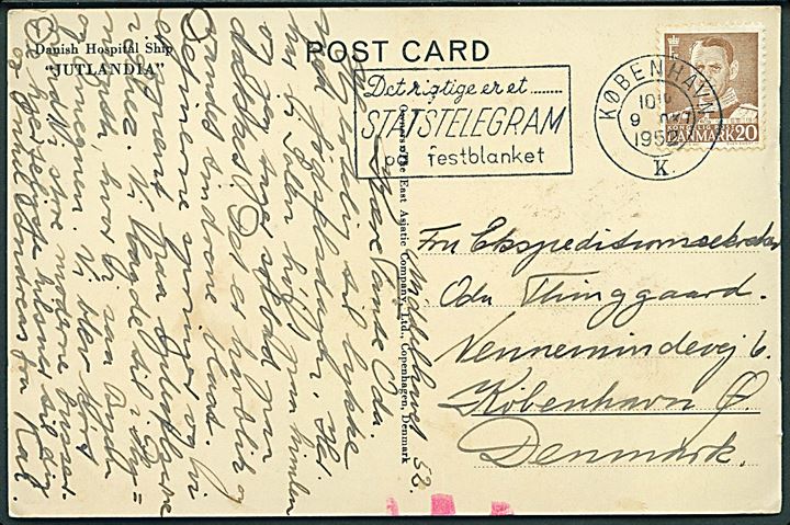 20 øre Fr. IX på brevkort (Hospitalsskibet “Jutlandia”) dateret i Middelhavet og annulleret København d. 9.10.1952 til København. Sendt fra “Jutlandia” under udrejse på 3. togt til Korea.