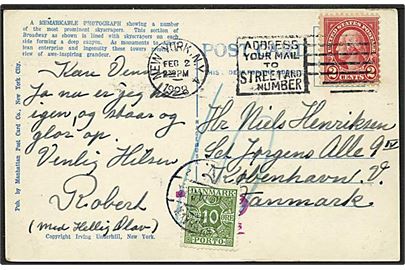 Amerikansk 2 cents frankeret brevkort fra New York d. 2.2.1928 til København, Danmark. Påsat 10 øre Portomærke stemplet København.