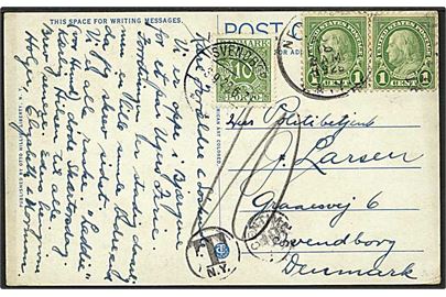 Amerikansk 2 cents frankeret brevkort fra New York d. 18.8.1928 til Svendborg, Danmark. Påsat 10 øre Portomærke stemplet Svendborg d. 3.9.1928.