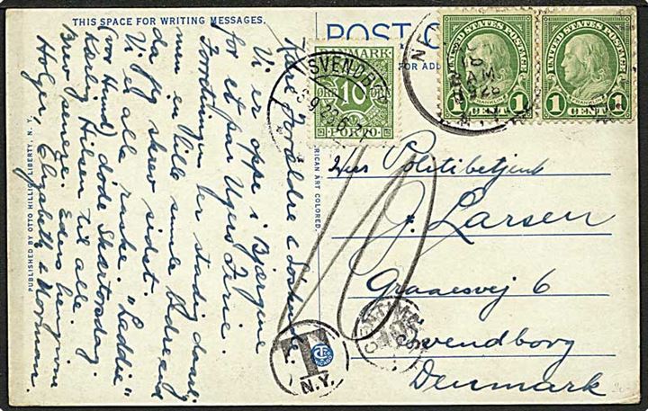 Amerikansk 2 cents frankeret brevkort fra New York d. 18.8.1928 til Svendborg, Danmark. Påsat 10 øre Portomærke stemplet Svendborg d. 3.9.1928.