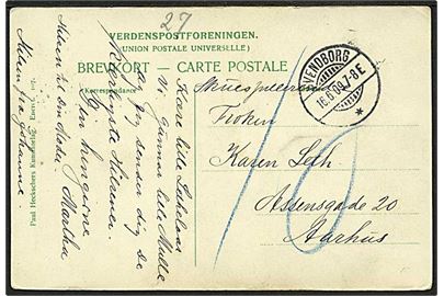 Ufrankeret brevkort fra Svendborg d. 16.6.1909 til Aarhus. Udtakseret i 10 øre porto.