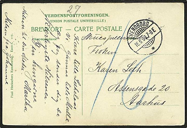 Ufrankeret brevkort fra Svendborg d. 16.6.1909 til Aarhus. Udtakseret i 10 øre porto.