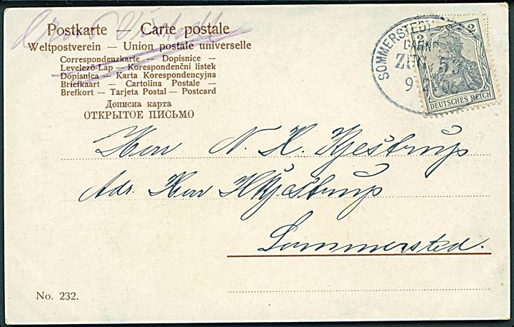 2 pfg. Germania på lokalt brevkort annulleret med bureau Sommerstedt - Schottburg Bahnpost Zug 53 d. 9.2.1906 og håndskrevet “Aus Orstedt” til Sommerstedt. Afs. sted påskrevet i jernbanebureauet for at angive korrekt lokal porto. 