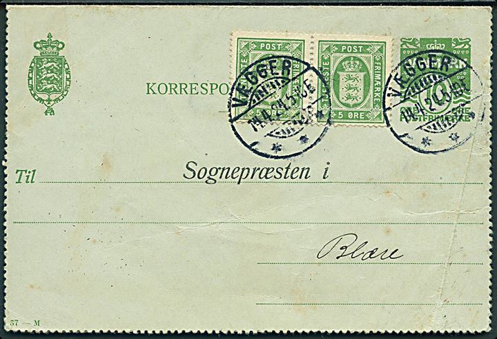 5 øre Tjenestemærke (2) på 10 øre korrespondancekort (fabr. 57-M) fra Vægger d. 14.4.1924 til Blære. Tjenste-mærker benyttet 14 dage efter at brugen ophørte, men ikke udtakseret i porto. Fold.