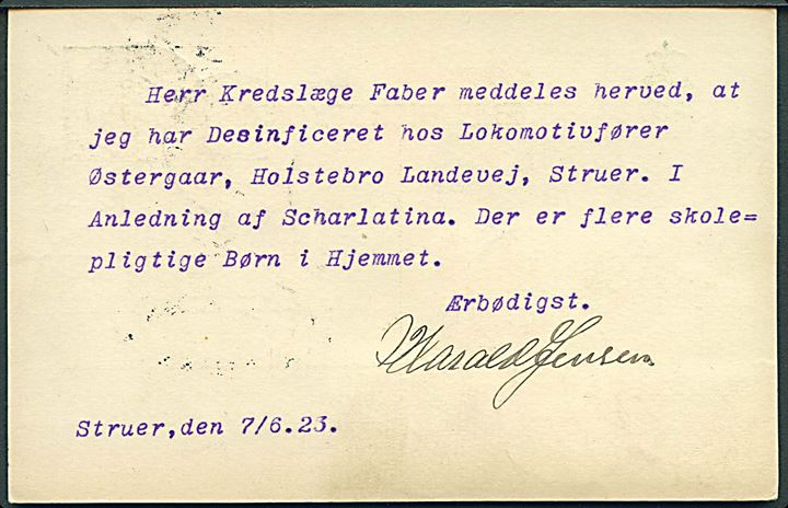 5+3 øre provisorisk Tjenestebrevkort opfrankeret med 1 øre Tjenestemærke (7) fra Struer d. 7.6.1923 til Kreds-lægen i Holstebro.