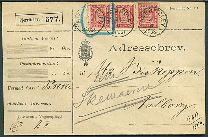 8 øre Tjenestemærke i vandret 3-stribe på adressebrev for pakke annulleret med lapidar Fjerritslev d. 21.8.1893 til Aalborg. Overfrankeret med 1 mærke indrammet med blå kridt.