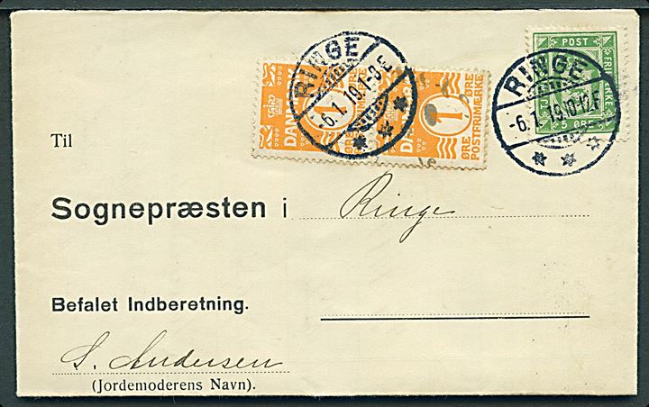 5 øre Tjenestemærke og 1 øre Bølgelinie i parstykke på blandingsfrankeret lokal Befalet Indberetning stemplet Ringe d. 6.1.1919. 