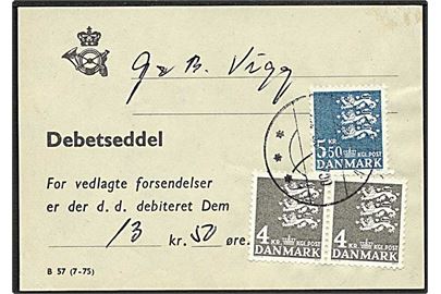 4 kr. (2) og 5,50 kr. Rigsvåben på Debetseddel B57 (7-75) annulleret med svagt stempel 1984.