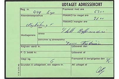 Formular K50 (4-78 A6) Udtaget adressekort vedr. overfrankeret adressekort fra Nykøbing F. til Fredericia.