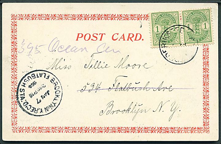 1 cent Våben i par på brevkort (A country wedding) fra Frederiksted d. 1.1.1904 til Brooklyn, N.Y., USA. Ank. stemplet d. 7.1.1904. 