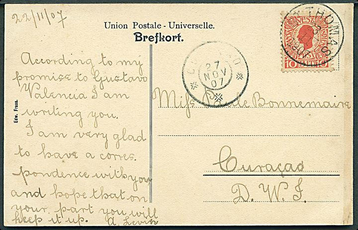 10 bit Chr. IX på brevkort (Hamburg-American wharf, St. Thomas) fra St. Thomas d. 23.11.1907 til Curacao, Hollandsk Vestindien. Ank. Curacao d. 27.11.1907. God destination.