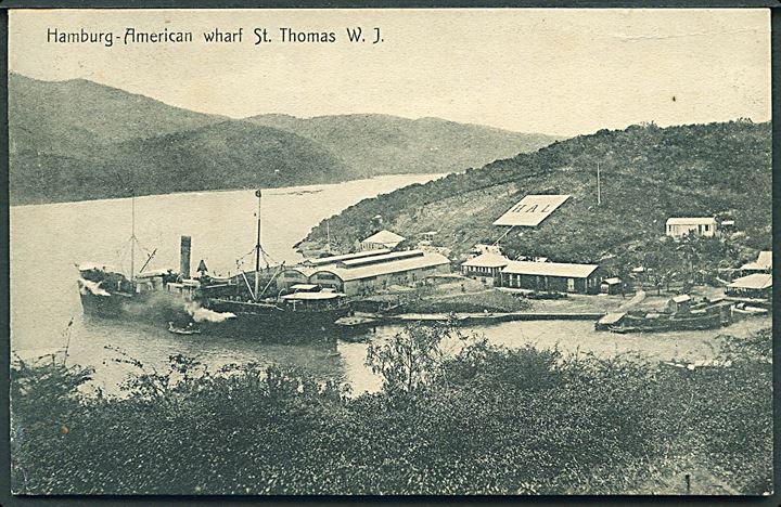 10 bit Chr. IX på brevkort (Hamburg-American wharf, St. Thomas) fra St. Thomas d. 23.11.1907 til Curacao, Hollandsk Vestindien. Ank. Curacao d. 27.11.1907. God destination.