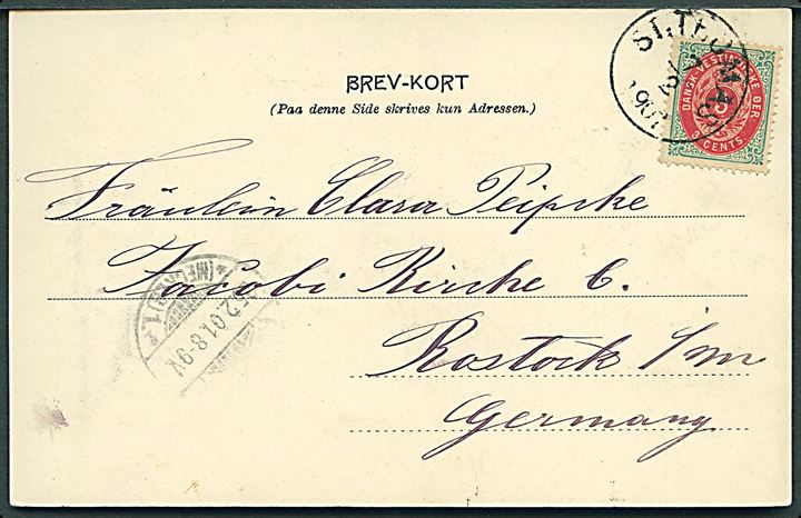 3 cents Tofarvet omv. rm. på brevkort (Havneparti fra St. Thomas) m. tysk purserstempel: CANADIA og stemplet St: Thomas d. 7.2.1901 til Rostock, Tyskland. Sjældent skibsstempel. 