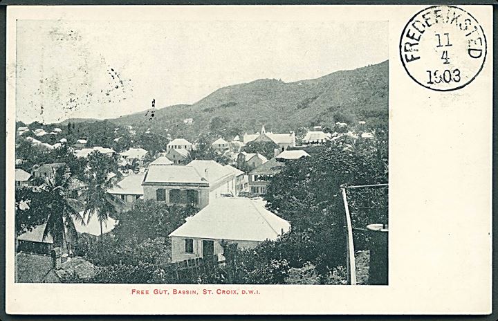 1 cent Våben single på brevkort (Free Gut, Bassin, St. Croix) sendt som lokal tryksag i Frederiksted d. 11.4. 1903. AFA 3200,-
