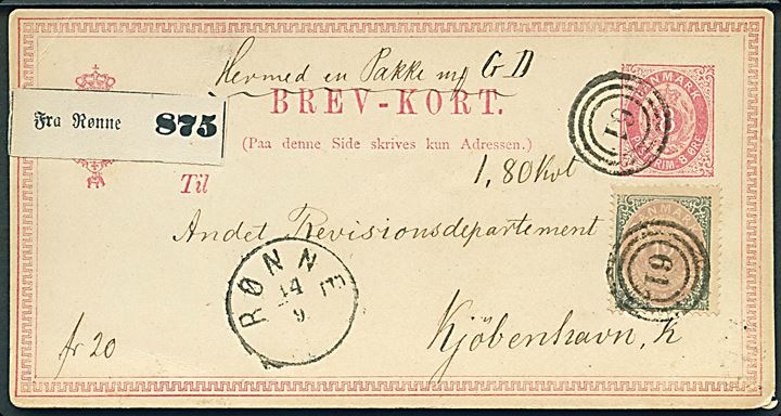 8 øre helsagsbrevkort opfrankeret med 12 øre Tofarvet 5. tryk anvendt som pakkefølgebrev annulleret med nr.stempel “61” og sidestemplet lapidar Rønne d. 14.9.1878 til Kjøbenhavn.