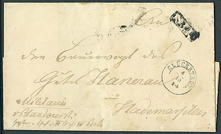 1849. Militaria brev med 1½-ringsstempel Glückstadt. d. 4.10.1849 og lille rammestempel “SB 4B” fra officer i den slesvigske armee, v. Blandowich, ved II Corps IV Bataillon til Gut Hanerau i Hademarschen, Holstein. 
