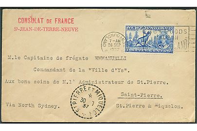 Newfoundland 7 cents på brev fra den franske konsul i St. Johns d. 26.9.1937 til kommandanten ombord på det franske fiskeriinspektionsskib “Ville d’Ys” i Saint-Pierre. “Ville d’Ys” besejlede i 1930’erne også de grønlandske farvande og støttede den franske højsfiskeflåde.