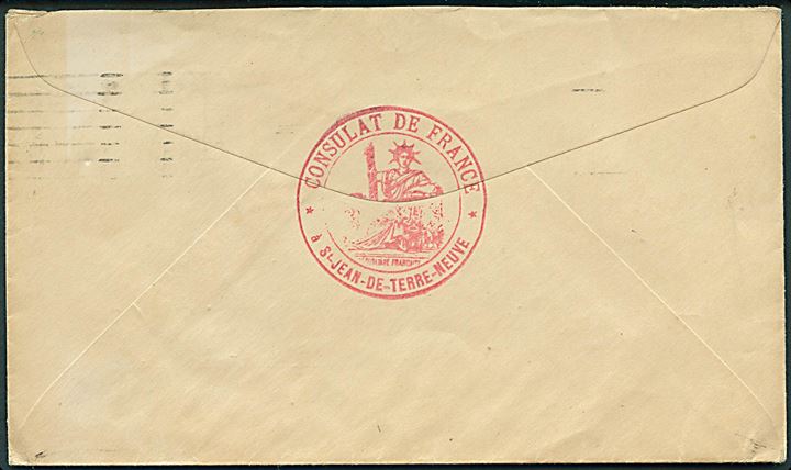 Newfoundland 7 cents på brev fra den franske konsul i St. Johns d. 26.9.1937 til kommandanten ombord på det franske fiskeriinspektionsskib “Ville d’Ys” i Saint-Pierre. “Ville d’Ys” besejlede i 1930’erne også de grønlandske farvande og støttede den franske højsfiskeflåde.