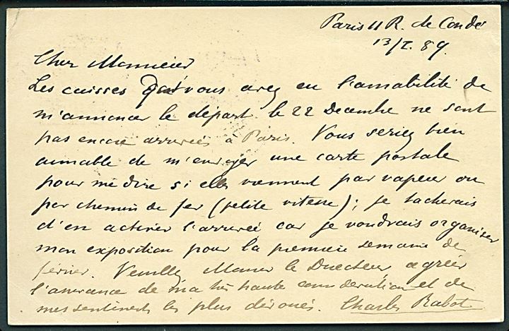 Fransk 10 c. helsagsbrevkort fra Paris d. 13.2.1889 til Direktør Hörring, Grønlandske Handel, København. Sendt af den franske geograf Charles Rabot (1856-1944) som i 1888 besøgte de grønlandske kolonier. I 1880’erne udforskede han bl.a. Svalbard, Island og Jan Mayen.