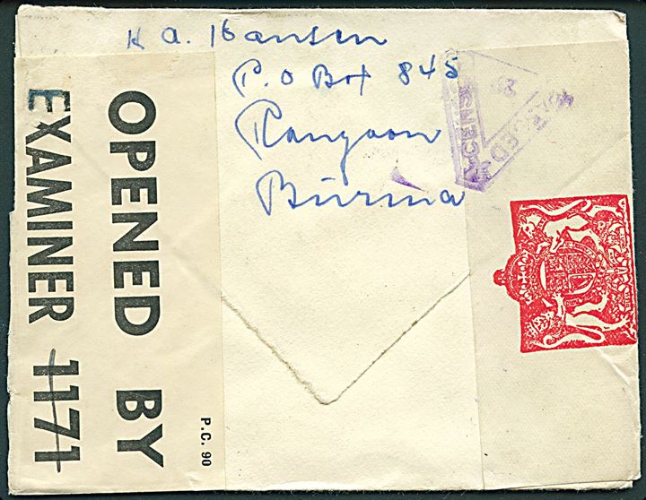 Burma 8 As. og 1 R. George VI med perfin “E.A.C.”, East Asiatic Company = ØK, på luftpostbrev fra dansker, K. A. Hansen, P.O.Box 845 i Rangoon d. 3.7.1943 til Internationalt Røde Kors i Genéve, Schweiz. Åbnet af både indisk og britisk censur. 