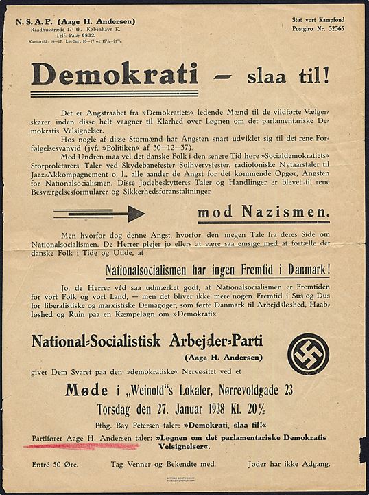 1938. Løbeseddel vedr. National-Socialistisk Arbejder-Parti (Aage H. Andersen) møde i København d. 27.1. 1938. Påtrykt: “Jøder har ikke Adgang”.