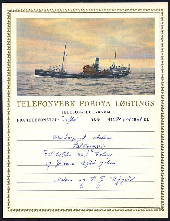 Telefonverk Føroya Løgtings illustreret fest Telefon-telegramformular (Færøsk trawler KG 118) dateret d. 21.12.1958 fra Toftir til Saltangerå.